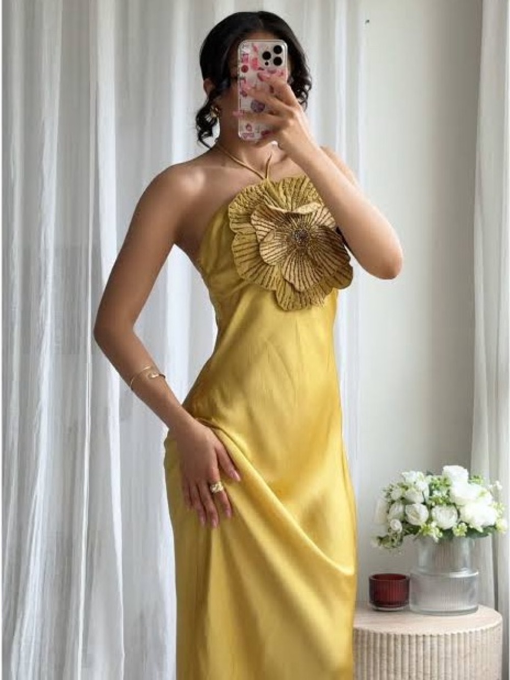Zara Gold Satin Halter Maxi Dress with 3D Flower - Picture 2 of 3